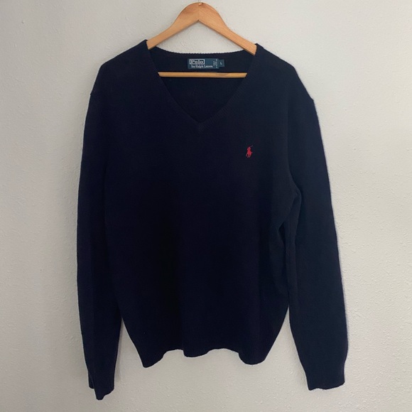 100% Lambswool Navy Polo Sweater - Picture 2 of 4